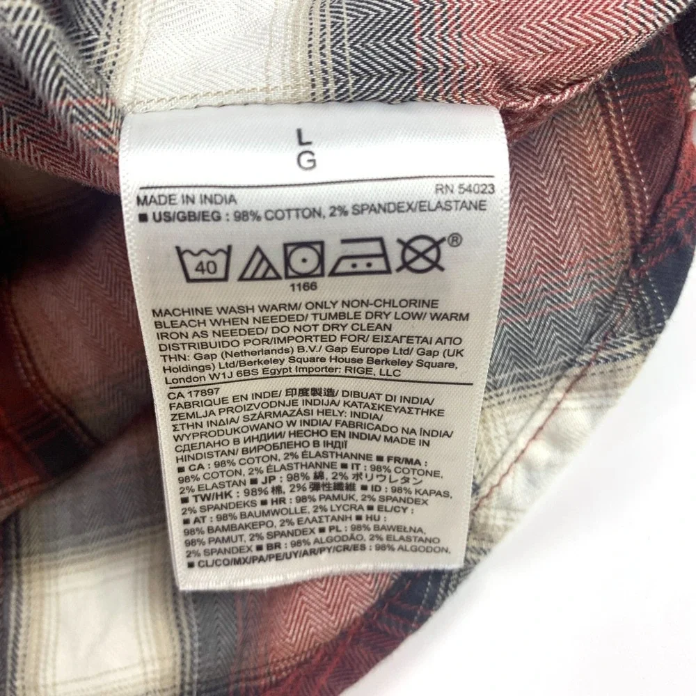Banana Republic Tailoered Slim Fit Pearl Snap LS Sz L Red‎ Black Plaid Western